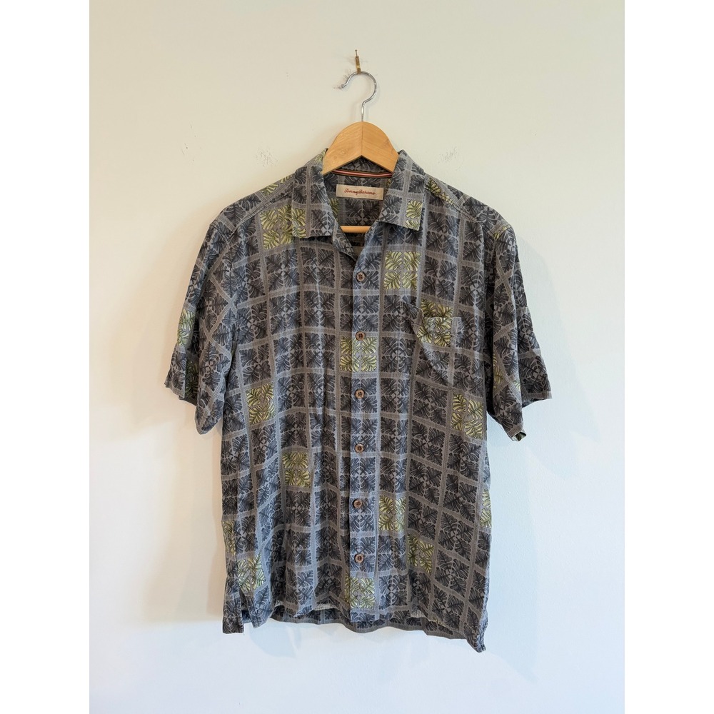 Tommy Bahama Mens Small Silk Tropical Leaf Print Button Down Shirt Grey Green